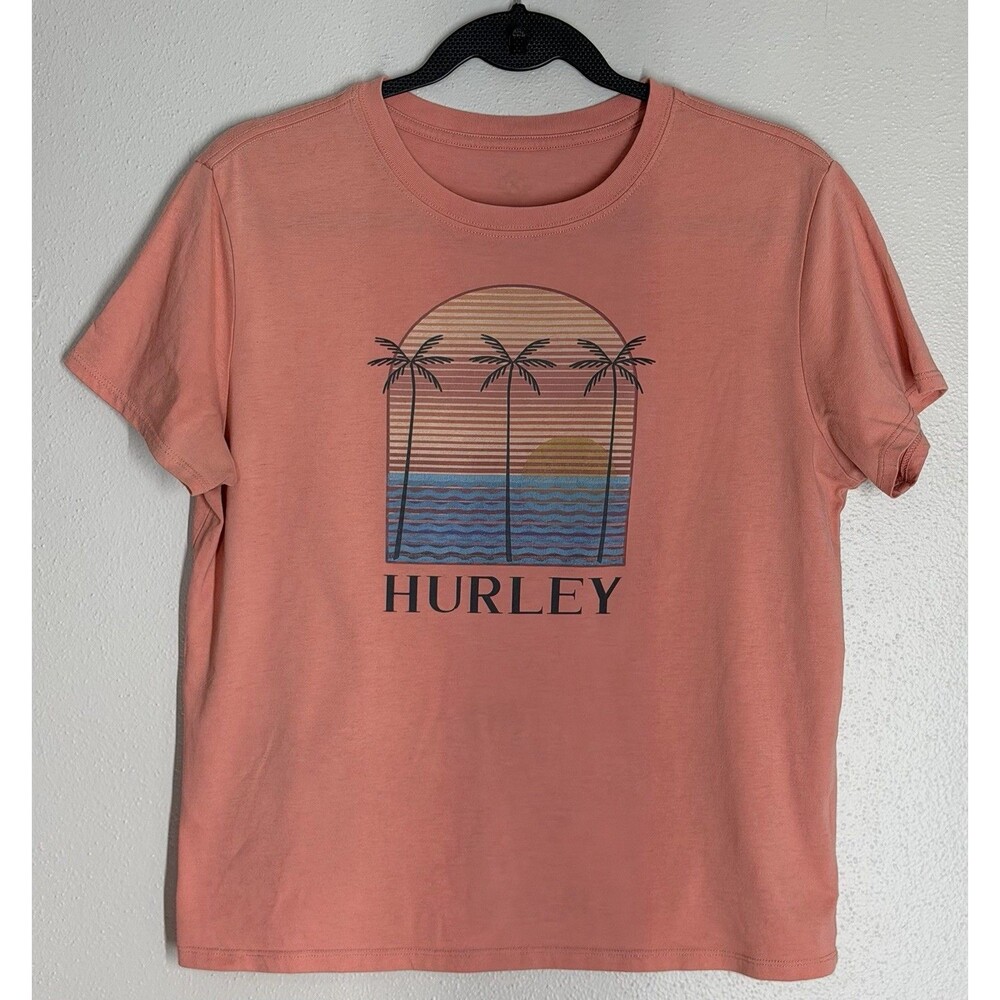 Hurley Light Orange Short Sleeve Palm Trees Graphic Baby Tee Crop Top Medium